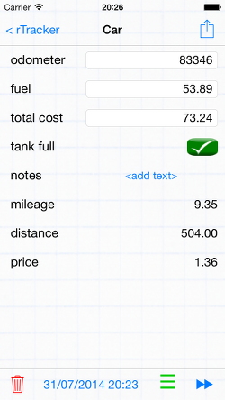 rTracker sample car tracker - calculates mileage, distance, fuel price